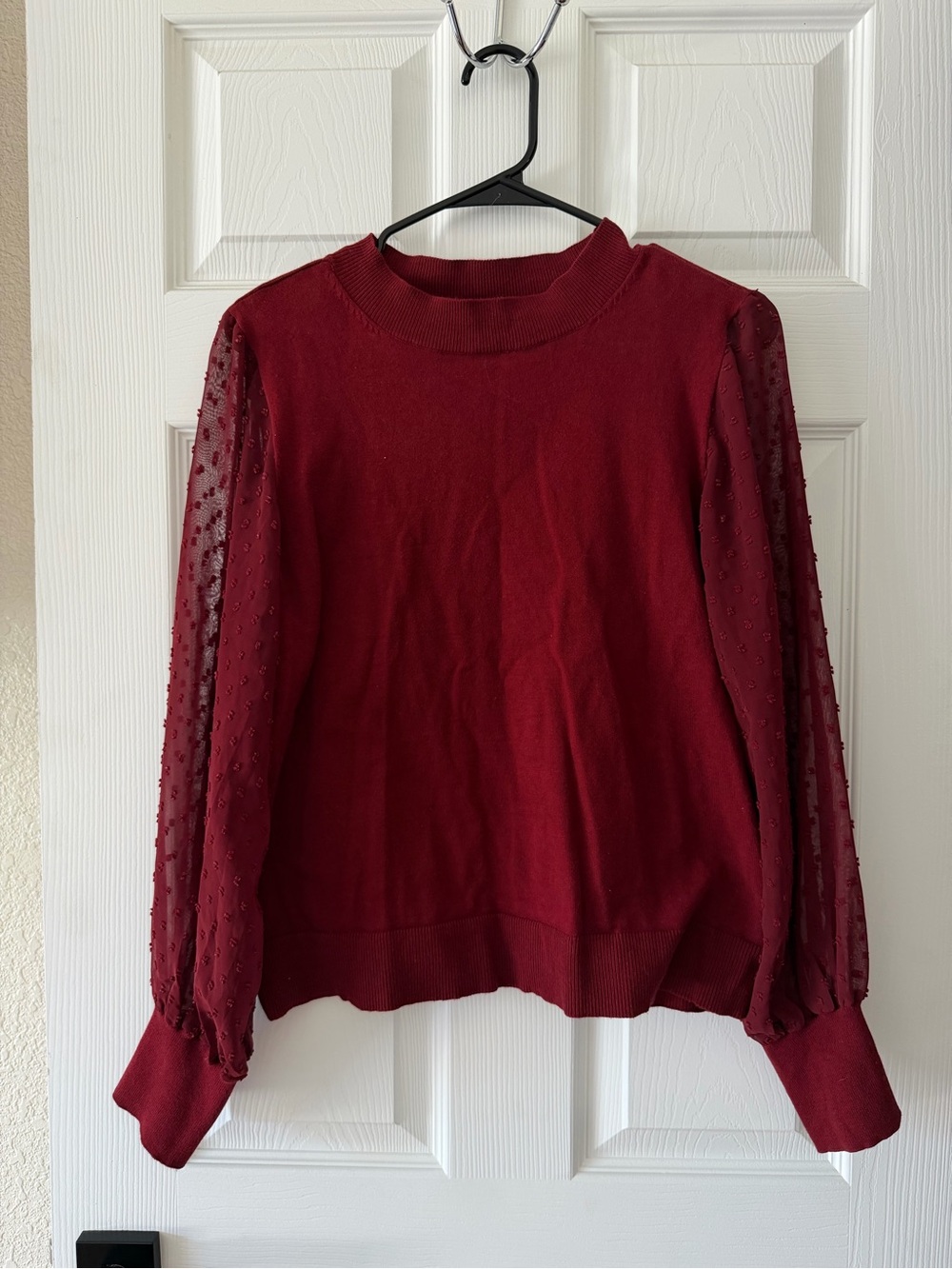 CeCe Red Ribbed Mock Neck Sweater with Sheer Dot Sleeves